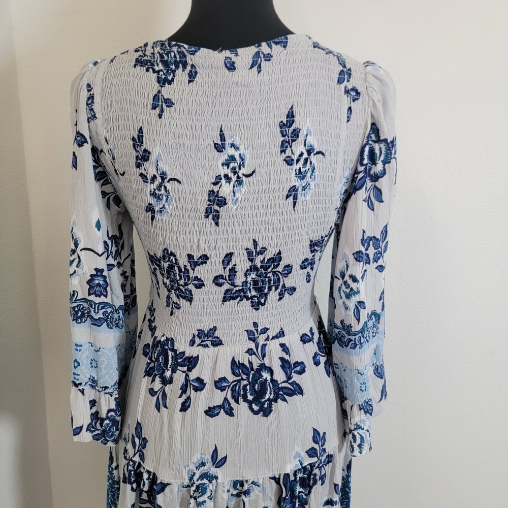 Angie Womens Boho Floral Twist Front Cutout Tiered Mini Dress Blue White Medium - Picture 9 of 12